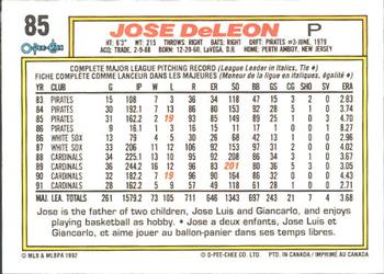 1992 O-Pee-Chee #85 Jose DeLeon Back
