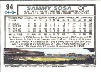 1992 O-Pee-Chee #94 Sammy Sosa Back