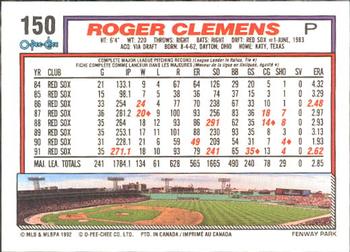 1992 O-Pee-Chee #150 Roger Clemens Back