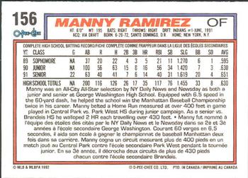 1992 O-Pee-Chee #156 Manny Ramirez Back