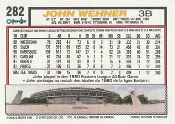 1992 O-Pee-Chee #282 John Wehner Back