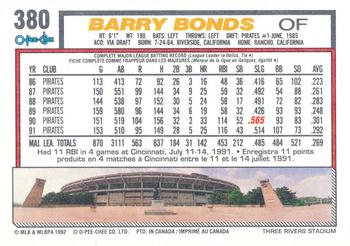 1992 O-Pee-Chee #380 Barry Bonds Back