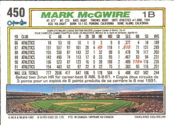 1992 O-Pee-Chee #450 Mark McGwire Back