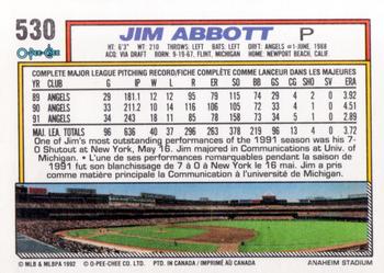 1992 O-Pee-Chee #530 Jim Abbott Back