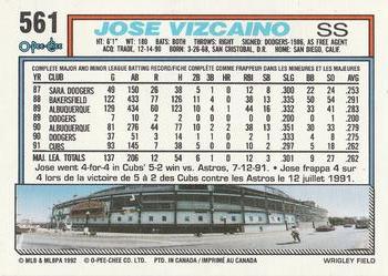 1992 O-Pee-Chee #561 Jose Vizcaino Back