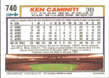 1992 O-Pee-Chee #740 Ken Caminiti Back