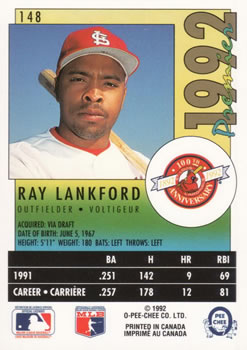 1992 O-Pee-Chee Premier #148 Ray Lankford Back