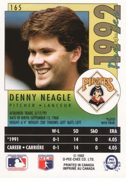 1992 O-Pee-Chee Premier #165 Denny Neagle Back