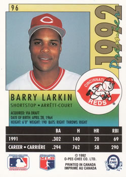 1992 O-Pee-Chee Premier #96 Barry Larkin Back