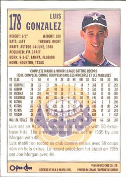 1993 O-Pee-Chee #178 Luis Gonzalez Back