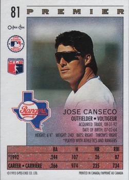 1993 O-Pee-Chee Premier #81 Jose Canseco Back