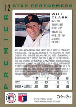 1993 O-Pee-Chee Premier - Star Performers Foil #12 Will Clark Back