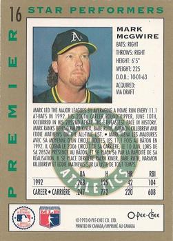1993 O-Pee-Chee Premier - Star Performers Foil #16 Mark McGwire Back