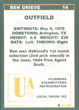 2000 Plumbers Union Oakland Athletics #6 Ben Grieve Back