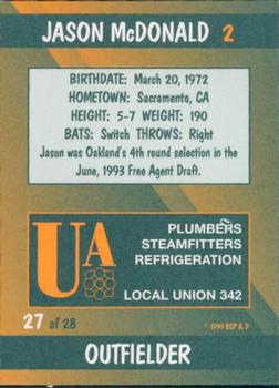 1999 Plumbers Union Oakland Athletics #27 Jason McDonald Back