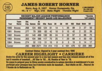 1985 Leaf #240 Bob Horner Back