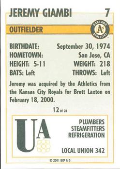 2001 Plumbers Union Oakland Athletics #12 Jeremy Giambi Back