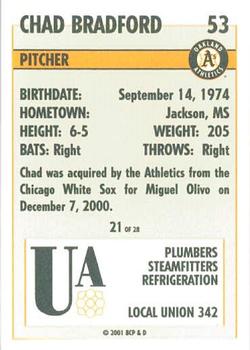 2001 Plumbers Union Oakland Athletics #21 Chad Bradford Back