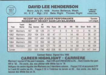 1986 Leaf #187 Dave Henderson Back