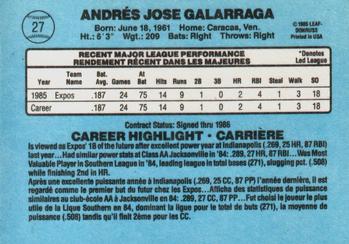 1986 Leaf #27 Andres Galarraga Back