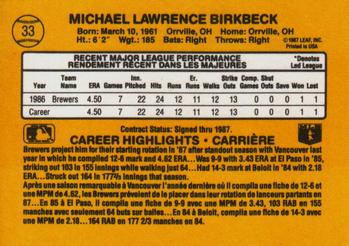 1987 Leaf #33 Mike Birkbeck Back