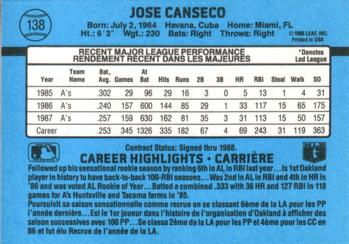 1988 Leaf #138 Jose Canseco Back