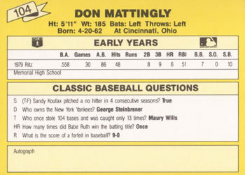1987 Classic Update Yellow #104 Don Mattingly Back