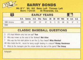 1987 Classic Update Yellow #113 Barry Bonds Back