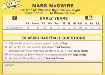 1987 Classic Update Yellow #121 Mark McGwire Back