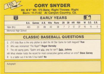 1987 Classic Update Yellow #110 Cory Snyder Back