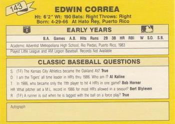 1987 Classic Update Yellow #143 Edwin Correa Back