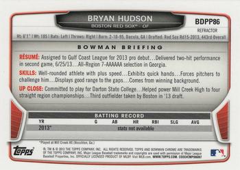 2013 Bowman Draft Picks & Prospects - Chrome Draft Picks Refractors #BDPP86 Bryan Hudson Back