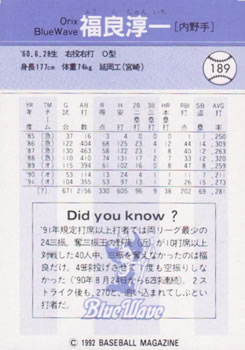1992 BBM #189 Junichi Fukura Back