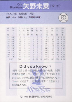 1992 BBM #192 Minoru Yano Back