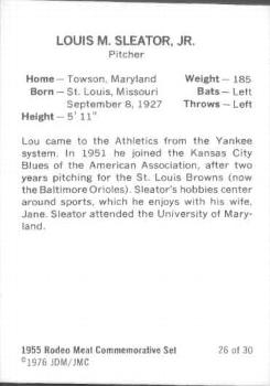 1976 JDM JMC 1955 Rodeo Meats Kansas City Athletics Reprints #26 Lou Sleater Back