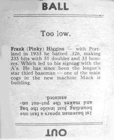 1936 Goudey (R322) #NNO Frank Higgins Back