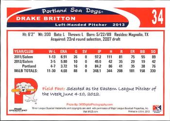 2013 Grandstand Portland Sea Dogs #NNO Drake Britton Back
