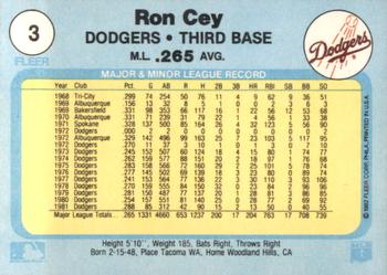 1982 Fleer #3 Ron Cey Back