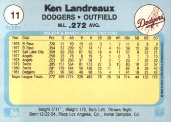 1982 Fleer #11 Ken Landreaux Back