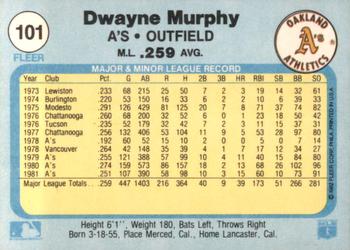 1982 Fleer #101 Dwayne Murphy Back