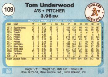 1982 Fleer #109 Tom Underwood Back