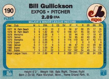 1982 Fleer #190 Bill Gullickson Back