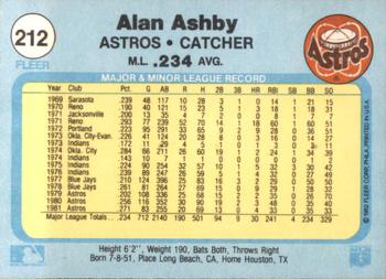 1982 Fleer #212 Alan Ashby Back