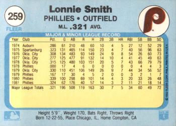 1982 Fleer #259 Lonnie Smith Back