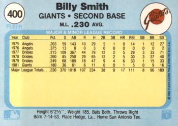 1982 Fleer #400 Billy Smith Back
