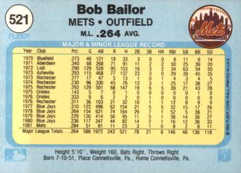1982 Fleer #521 Bob Bailor Back