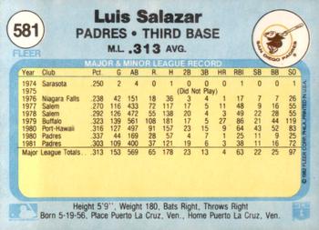 1982 Fleer #581 Luis Salazar Back