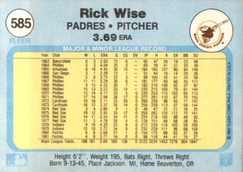 1982 Fleer #585 Rick Wise Back