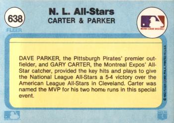 1982 Fleer #638 N.L. All-Stars (Gary Carter / Dave Parker) Back