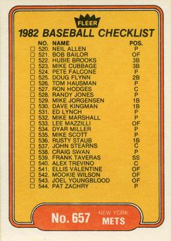 1982 Fleer #657 Checklist: Mariners / Mets Back